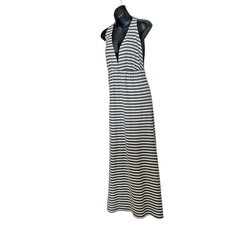 Lover + Friends Striped Grey Cream‎ Jersey Halter Maxi Long Dress Size Large